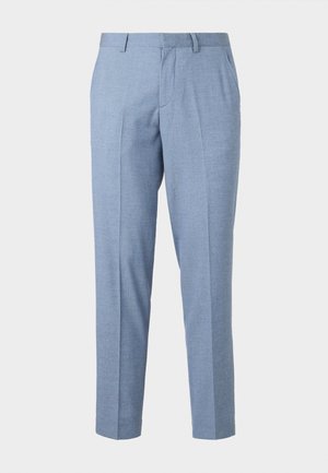 Hellblaue maßgeschneiderte Hose mit strukturiertem Finish, taillierter Schnitt und geradem Bein. Sie verfügt über Vordertaschen und Gürtelschlaufen.