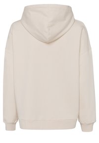 Cream-colored hoodie, cotton blend, oversized fit, with a drawstring hood, dropped shoulders, and ribbed cuffs and hem.