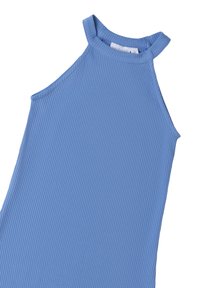 Jasnoniebieski, prążkowany top na halter z wysokim dekoltem, charakteryzujący się dopasowanym krojem i miękką fakturą, idealny do codziennego noszenia.
