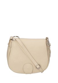 Borsa a tracolla beige realizzata in materiale sintetico liscio, con una forma curvata, frontale piatto e rifiniture in tonalità argento.
