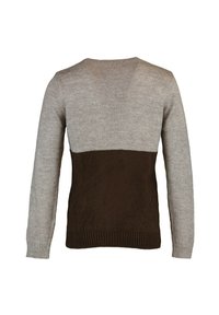 Maglione grigio chiaro e marrone scuro con maniche lunghe. Presenta una scollatura e un orlo a coste. Texture liscia; design a blocchi di colore sulla schiena.