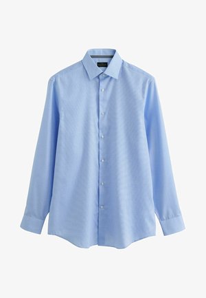 Világoskék, hosszú ujjú, gombos ing, textúrált anyagból készült, klasszikus gallérral és hét fehér gombbal az elején.