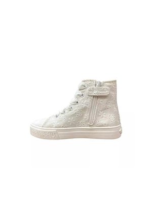 Sneaker alta bianca in tessuto con ricami floreali, lacci rotondi e zip laterale per una facile vestibilità. Suola in gomma con accentuazione del logo.