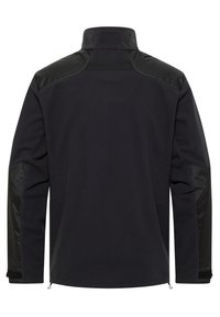 Giacca in fleece nera con tessuto liscio nero a contrasto sulle spalle, colletto alto, aperture laterali con zip e dettagli testurizzati sulle maniche.