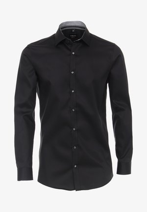 Schwarzes Longsleeve-Shirt mit glatter Textur, Knopfleiste vorne, kontrastierendem gemustertem Kragen und Standardmanschetten.