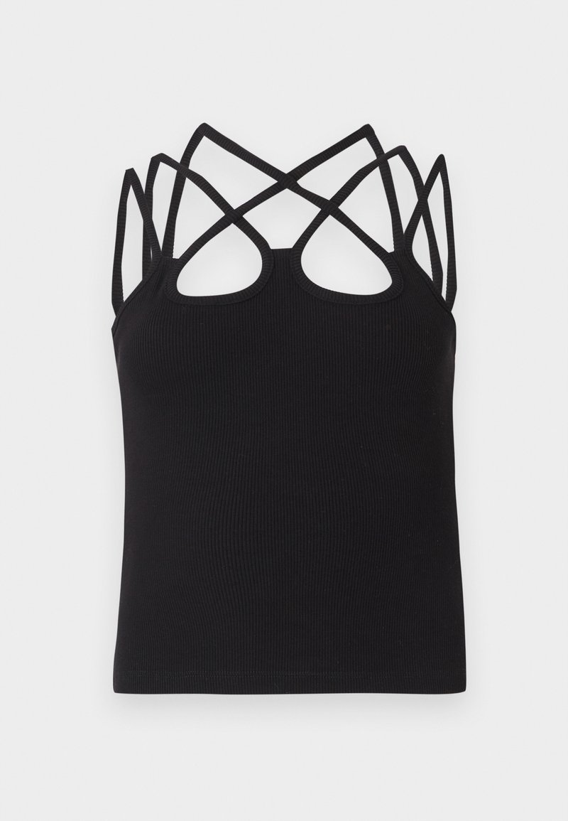Black ribbed tank top featuring a fitted design, with multiple crisscross straps and open back detail. Smooth texture with a round neckline.