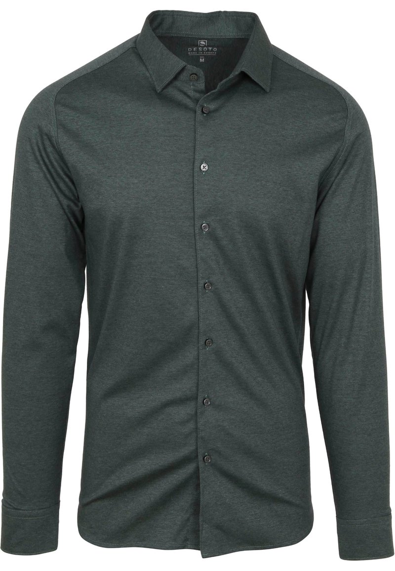 Groene langslim kraag overhemd met knopen, gemaakt van een gladde stof en met zes knopen aan de voorkant. Accenten in donkerdere tinten op de schouders.
