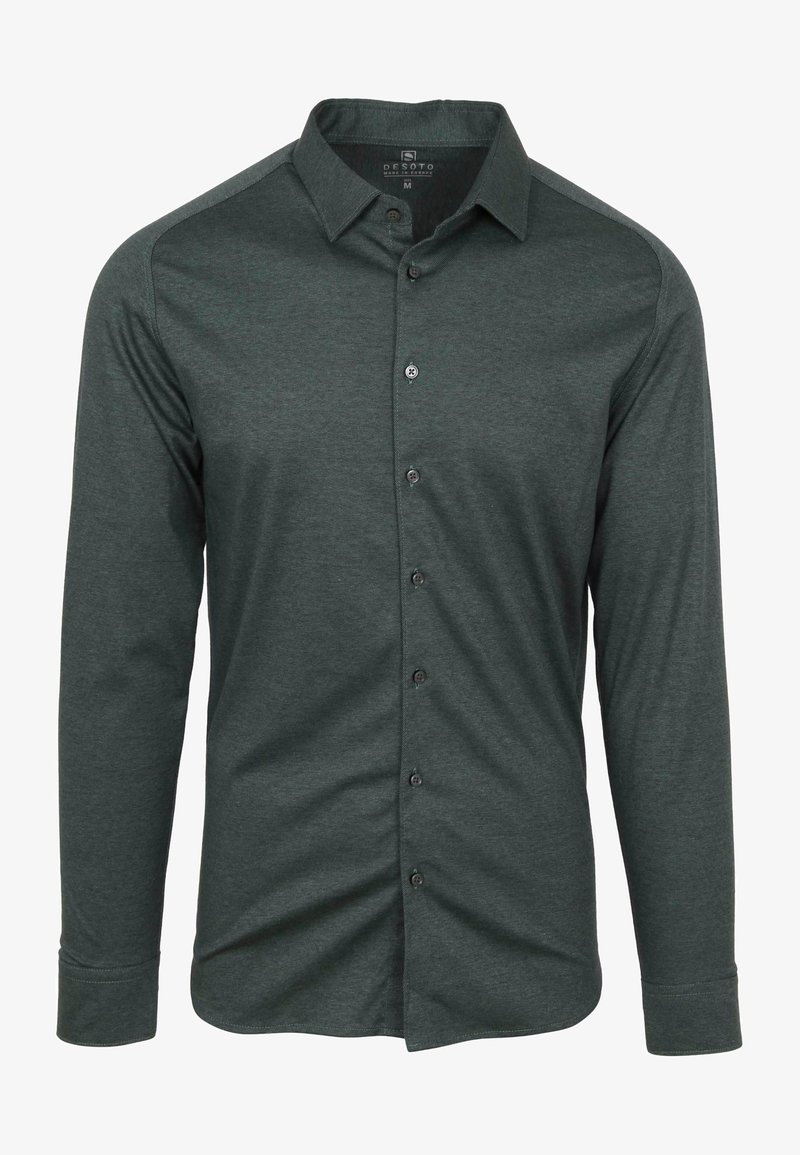 Groene langslim kraag overhemd met knopen, gemaakt van een gladde stof en met zes knopen aan de voorkant. Accenten in donkerdere tinten op de schouders.