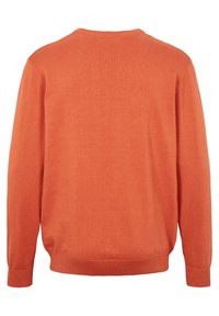 Orange tröja, med rund halsringning, långa ärmar, ribbade ärmslut och en slät stickad textur, i en enfärgad nyans utan mönster.