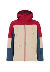 Farbige, wetterfeste Jacke mit beigem Körper, roten Schultern und blauen Ärmeln. Verfügt über eine Kapuze, einen Reißverschluss und praktische Taschen.