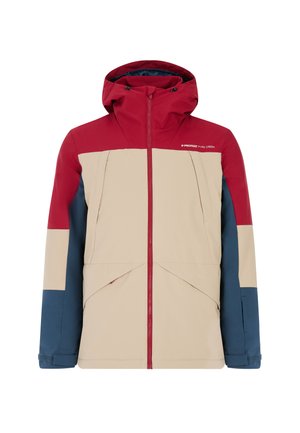 Kleurige, weerbestendige jas met een beige lichaam, rode schouders en blauwe mouwen. Beschikt over een capuchon, ritssluiting en praktische zakken.