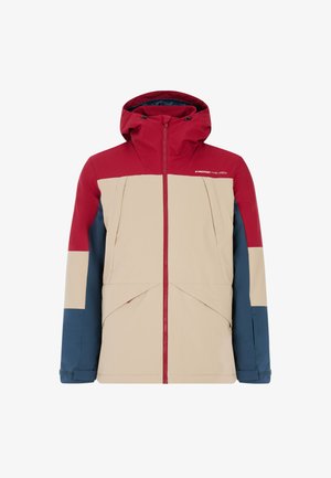 Kleurige, weerbestendige jas met een beige lichaam, rode schouders en blauwe mouwen. Beschikt over een capuchon, ritssluiting en praktische zakken.