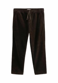 Brown corduroy pants with elastic waistband and front drawstring, featuring side pockets and straight legs against a white background.