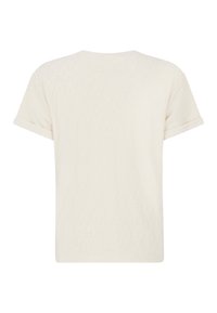 Lichtbeige t-shirt met korte mouwen, opgerolde mouwen en een subtiel textuurpatroon. Ronde halslijn en een relaxte pasvorm.