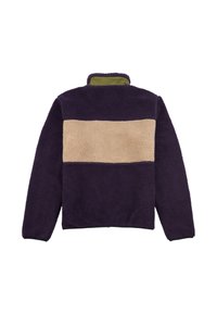 Purple fleece pullover featuring a beige stripe across the chest, a high collar, and textured fabric. The hem and cuffs are finished.