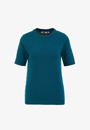 Turbia dzianinowa bluzka z krótkim rękawem z teksturowanym wzorem bobli, okrągłym dekoltem oraz ściągaczami przy mankietach i dole. Miękki, uniwersalny materiał odpowiedni do codziennych stylizacji.