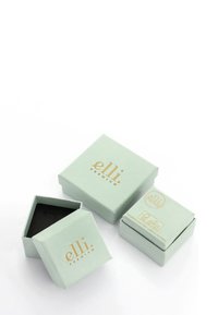 Helle grüne Papier-Schmuckkästchen mit goldener Schrift. Sie weisen eine quadratische und eine dreieckige Form auf, wobei der Deckel einer Box teilweise geöffnet ist und ein schwarzes Inneres zeigt.