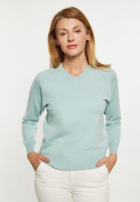 Hellblaues V-Ausschnitt-Pullover aus weichem Material, mit langen Ärmeln und geripptem Saum. Kombiniert mit weißen Hosen, minimalistische Details.