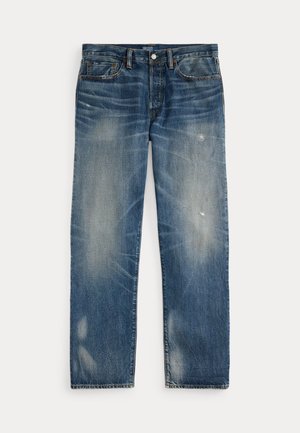Jeans de mezclilla azul desvaídos de pierna recta con leves desgastes y detalles de arrugas, que cuentan con cinco bolsillos y un cierre de botón.