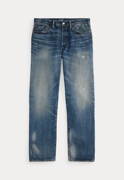 Blue faded straight-leg denim jeans with slight distressing and whiskering details, featuring five pockets and a button closure.