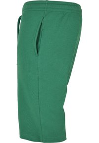 Shorts verts en coton avec une ceinture élastique, un cordon de serrage et des poches latérales. Texture lisse avec une coupe droite.