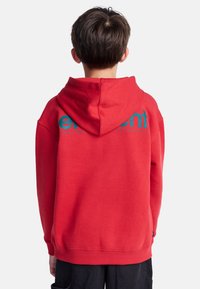 Rode hoodie met een voorvak, geribbelde manchetten en een turquoise merklogo op de achterkant gedrukt. Zachte stof, casual pasvorm.