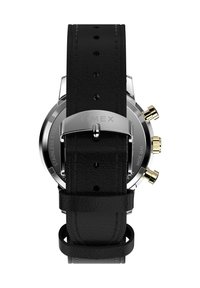 Montre avec bracelet en cuir noir et boîtier en acier inoxydable, dotée de boutons de chronographe dorés et d'une boucle argentée. Étanche jusqu'à 50 mètres.