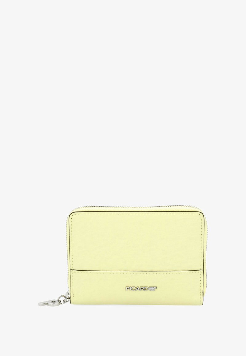 Yellow leather wallet with zipper closure, featuring a smooth texture and minimalistic design. Marked with metal branding on the front.
