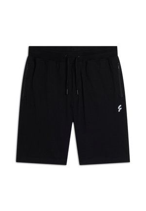 Pantalones cortos negros con cintura elástica, cordón y dos bolsillos laterales con cremallera. Presenta un pequeño logo blanco en el lado izquierdo frontal.