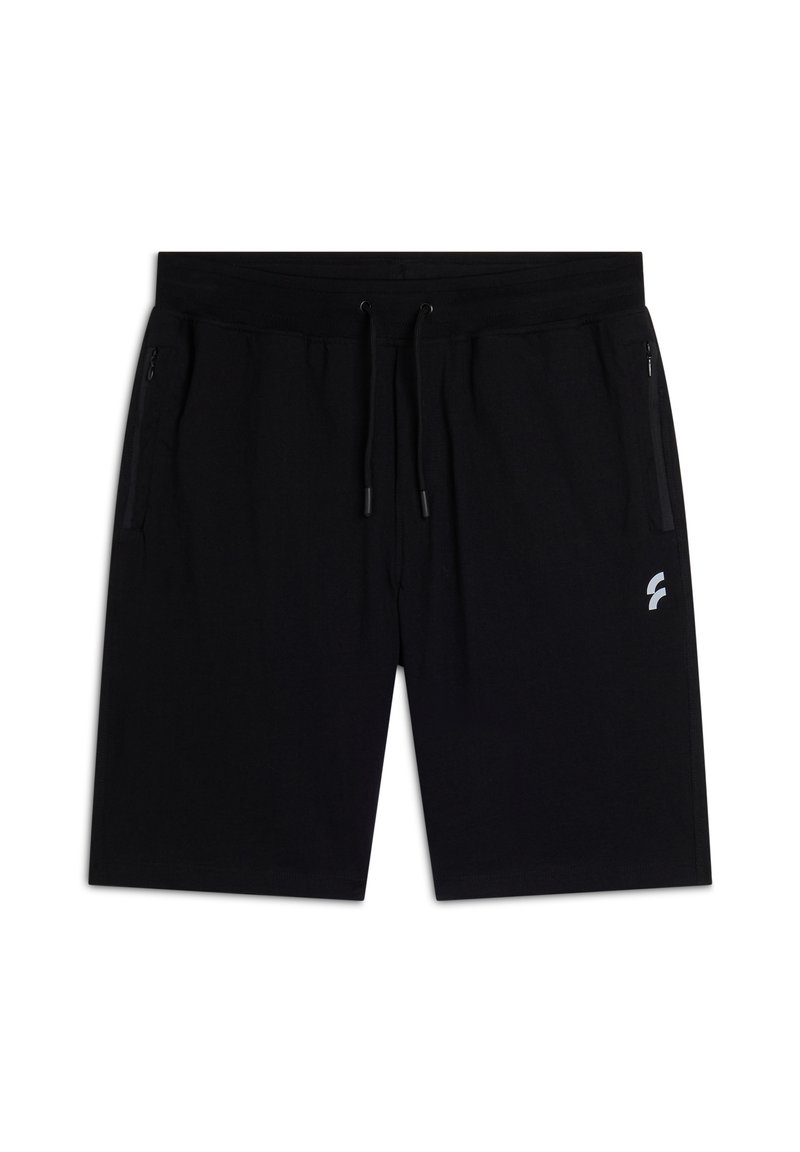 Pantaloni corti neri con vita elastica, cordoncino e due tasche laterali con zip. Presenta un piccolo logo bianco sul lato sinistro anteriore.