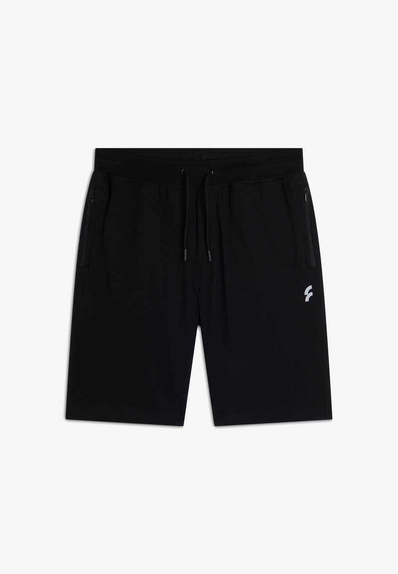 Pantaloni corti neri con vita elastica, cordoncino e due tasche laterali con zip. Presenta un piccolo logo bianco sul lato sinistro anteriore.