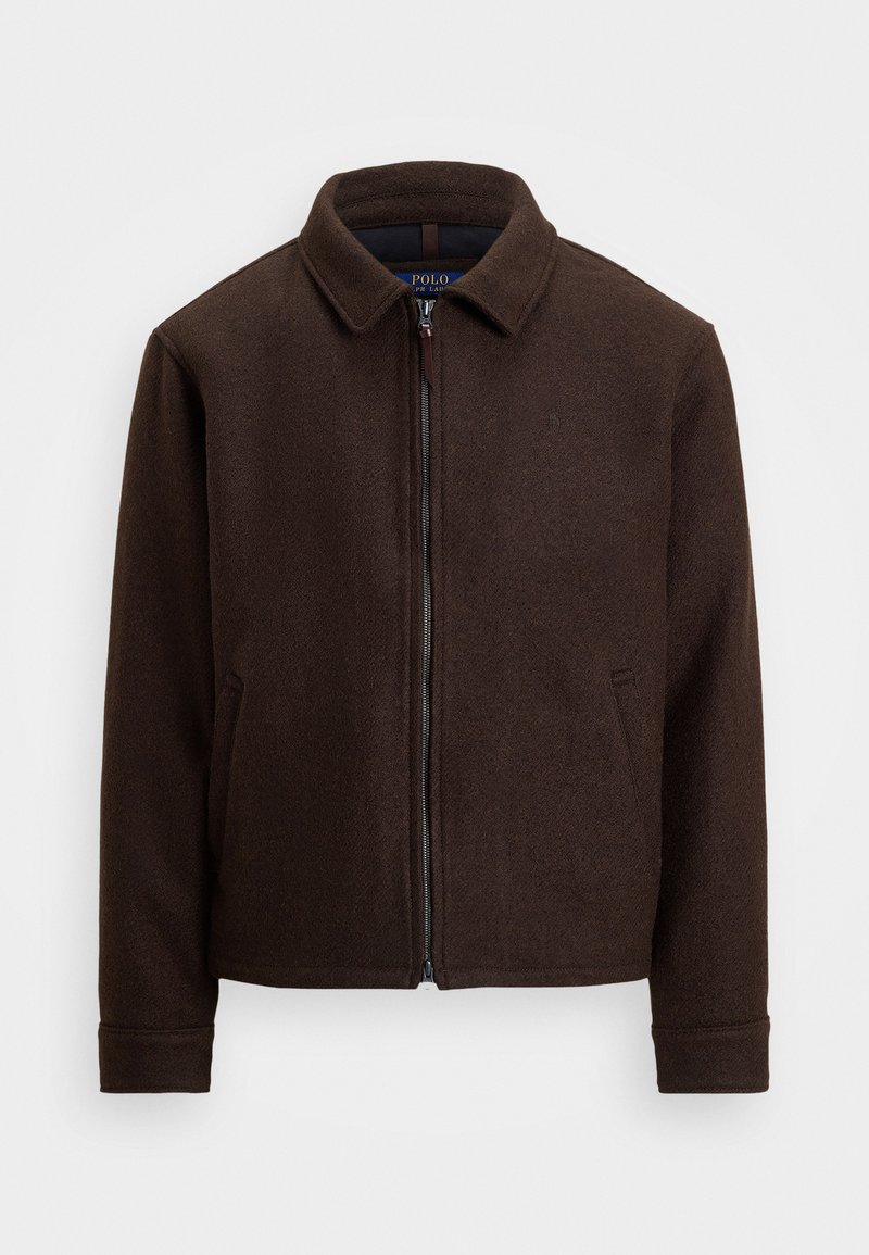 Dark brown wool zip-up jacket with collar and two side pockets, displayed on a plain light background.