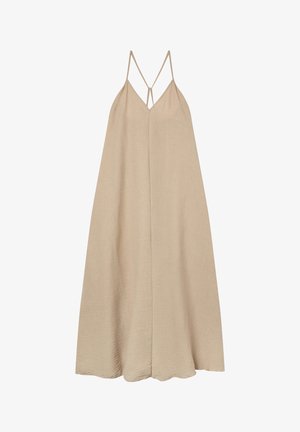 Abito beige senza maniche con spalline sottili, scollo a V e silhouette fluida a forma di A. Tessuto testurizzato con un design leggero.