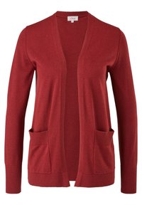 Cardigan rouge en tricot à manches longues avec ouverture devant, deux poches avant et poignets et ourlet côtelés.