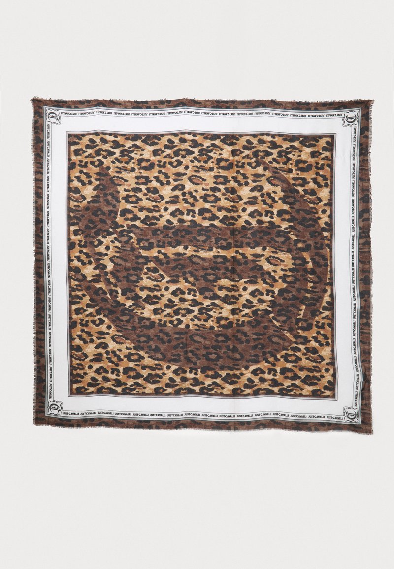 Leopard-patterned scarf with a brown and beige color scheme, featuring a white border with black text, and frayed edges.