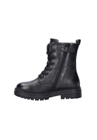 Zwarte leren enkelboot met vetersluiting aan de voorkant, zijrits, gemêleerd uiterlijk, ronde neus en dikke rubberen zool. Heeft contrasterende accenten.