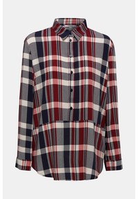 Camicia a maniche lunghe con colletto standard, in fantasia scozzese blu navy, rossa e bianca.