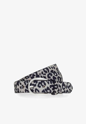 Leopard print belt in gray and black, made of textured material, features a silver metal buckle and punched holes for adjustment.