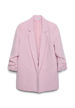 Jasnoróżowa marynarka o strukturalnym kroju, jednorzędowa, z klapowym kołnierzem, podwiniętymi rękawami, dwoma przednimi kieszeniami, gładką fakturą.