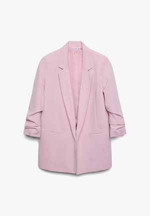 Jasnoróżowa marynarka o strukturalnym kroju, jednorzędowa, z klapowym kołnierzem, podwiniętymi rękawami, dwoma przednimi kieszeniami, gładką fakturą.