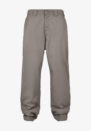 Light gray, relaxed-fit trousers with flat front, button closure, side pockets, and slightly gathered cuffs for a loose silhouette.