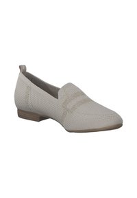 Beige slip-on sko med strikket overdel, der har et tekstureret mønster og en lav, træhæle. Fleksibelt design for komfort.