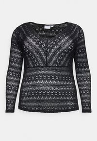 Top lungo nero a maniche in pizzo con motivi floreali e geometrici intricati, avente una scollatura ampia a barchetta e design non foderato.
