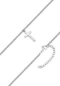 Zilveren ketting met een eenvoudige kruisvormige hanger, een gladde textuur en een karabijnsluiting met een verstelbare kettinglengte.