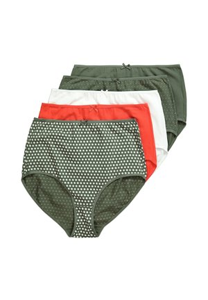 High-waisted brief underwear set featuring green with white polka dots, solid white, orange, and solid dark green fabrics. Bow accents included.