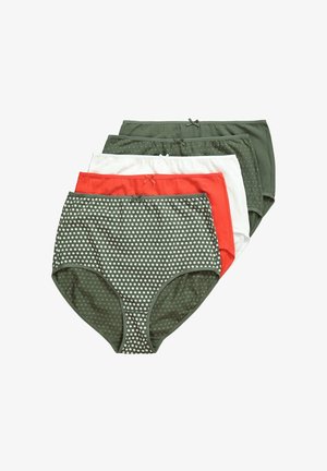 Ensemble de sous-vêtements taille haute comprenant du tissu vert à pois blancs, du blanc uni, de l'orange et du vert foncé uni. Des accents en forme de nœud sont inclus.