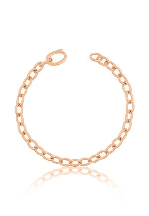 Armband aus Roségold mit ovalen Gliedern und Karabinerverschluss, das sich auf einer weißen Oberfläche spiegelt.