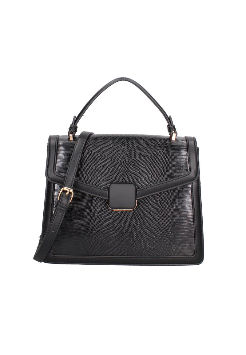 Sac à main structuré noir en matériau texturé, doté d'une poignée supérieure, d'une bandoulière ajustable et d'accents en métal.