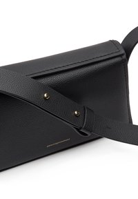 Black textured leather bag with a sleek rectangular shape, featuring a long adjustable strap and gold-tone accents.