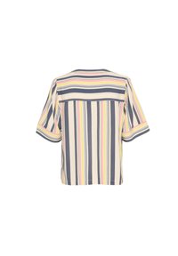Kortærmet top med lodrette striber i marineblå, pink, gul og creme. Løs pasform med rund hals og rygdetalje.